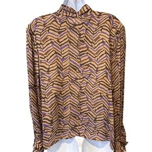 Vintage Carlisle Womens 100% Silk Brown Purple Zebra Blouse Sz 14 80s Retro Chic